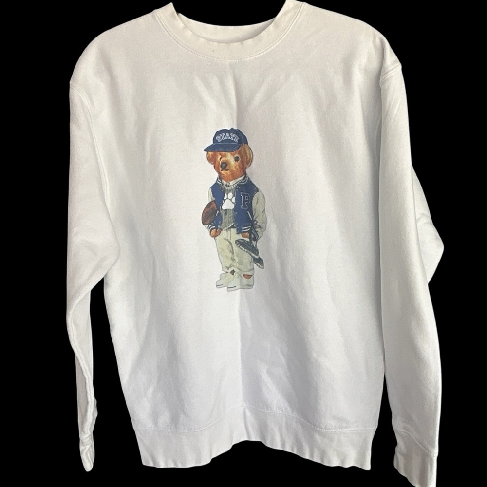 Vintage Teddy Bear Graphic Sweatshirt Crewneck White Size M